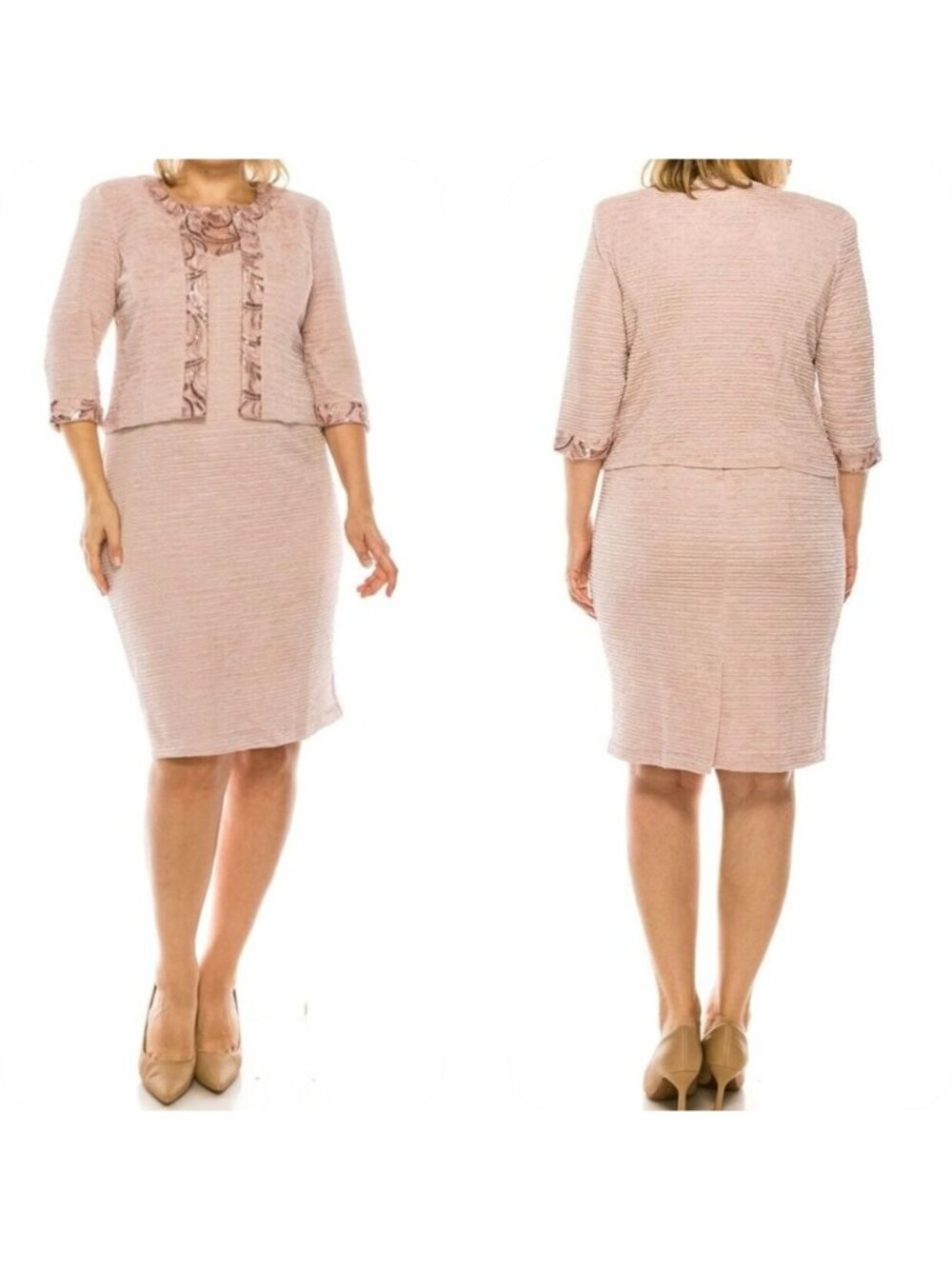 Maya Brooke Two Piece Dress Suit Size 14 Rose Gold Textured Sheath Sequins Lace